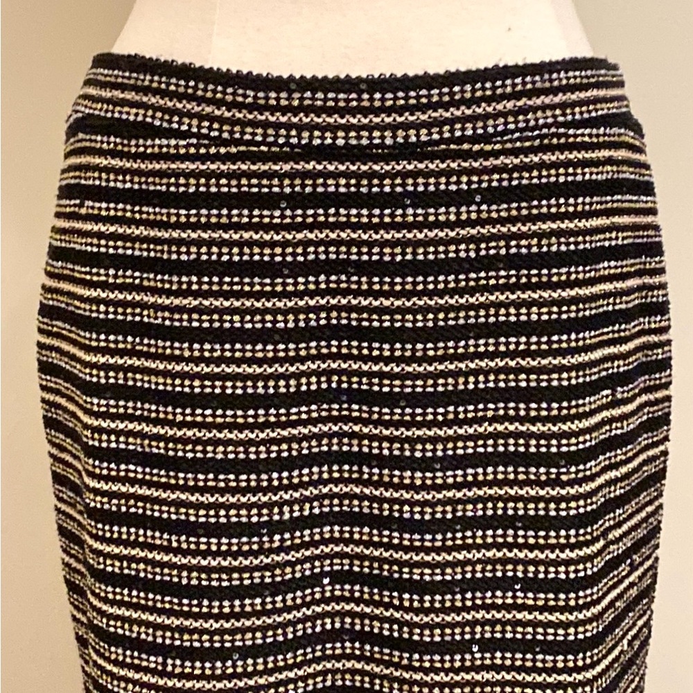 Cato Black Metallic Sequin Striped Silver Gold Flare Business Career Skirt SZ L - Picture 2 of 10